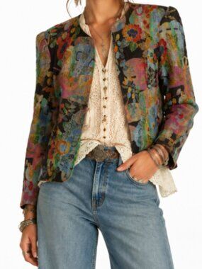 VINTAGE Caron Chicago Tapestry Jacket Blazer Cropped Coat Rainbow Floral Sz L